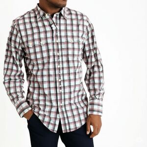 Old Navy Blue & Brown Plaid Long Sleeve Button Front Shirt Size Large